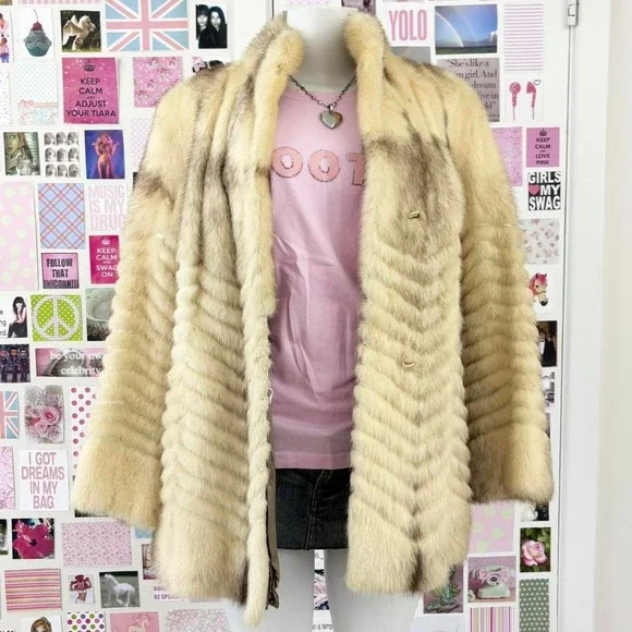Vintage cream tan real fur Chevron mid-length Mink Fur Coat - Picture 3 of 8